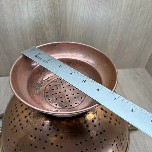 Vintage Solid Copper Colander Made in Korea w/ Brass Handles Wide Flare Patina - Picture 10 of 12